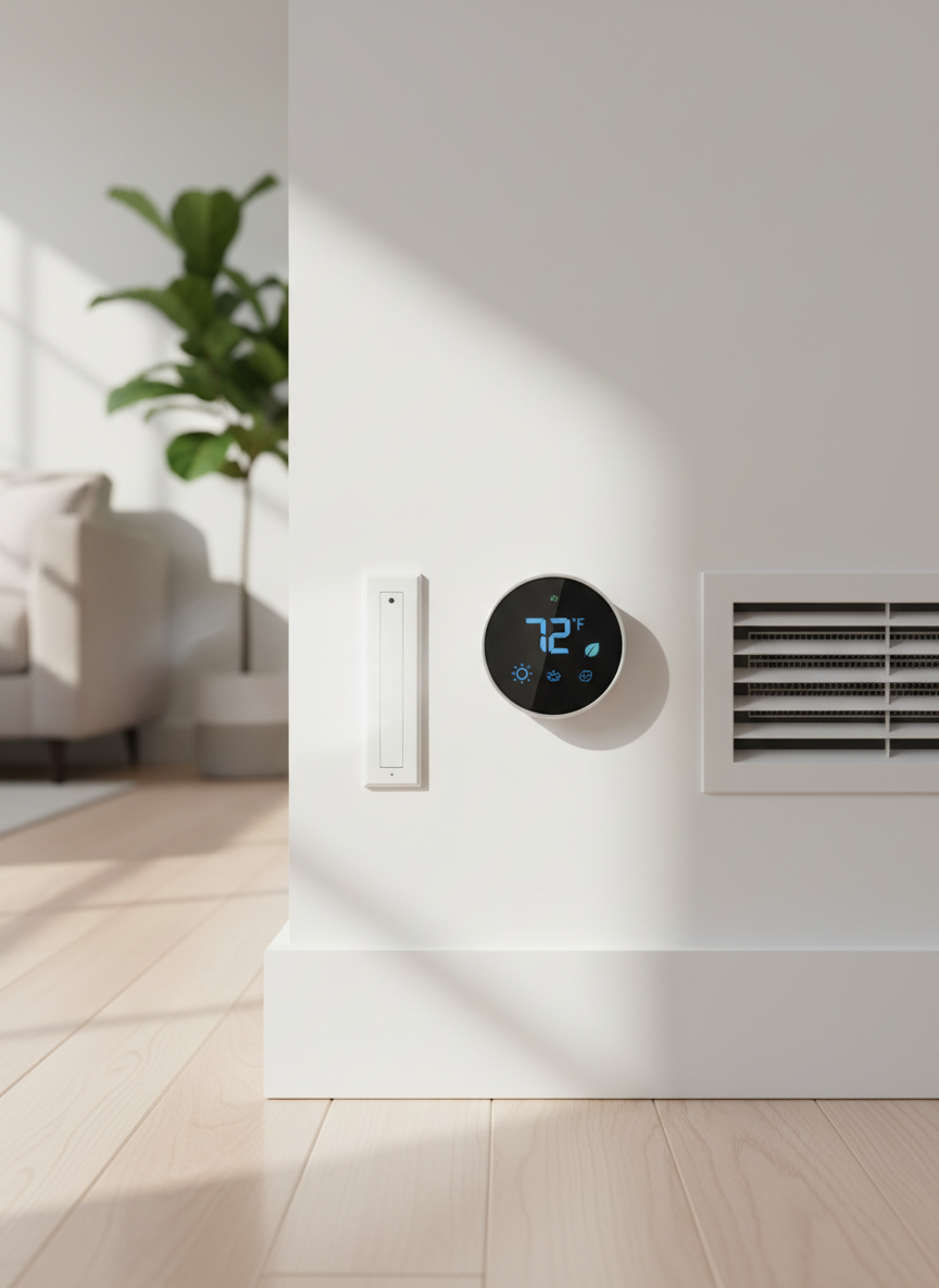 A bright, spotless residential living room interior featuring a modern, wall-mounted smart thermostat with a clear digital display showing an ideal temperature. The thermostat is installed on a smooth white wall above a subtle baseboard, with a glimpse of a high-efficiency supply vent and part of a sleek return grille nearby. Soft, diffused afternoon daylight enters from an unseen window, creating gentle, natural illumination and faint shadows along the wall. Photographic realism from an eye-level, close-up angle focused on the thermostat, with the rest of the room—hardwood floors, a neutral sofa, and a hint of greenery—softly blurred. The mood is comfortable, energy-efficient, and welcoming, perfectly conveying the benefits of professional HVAC installation and control.
