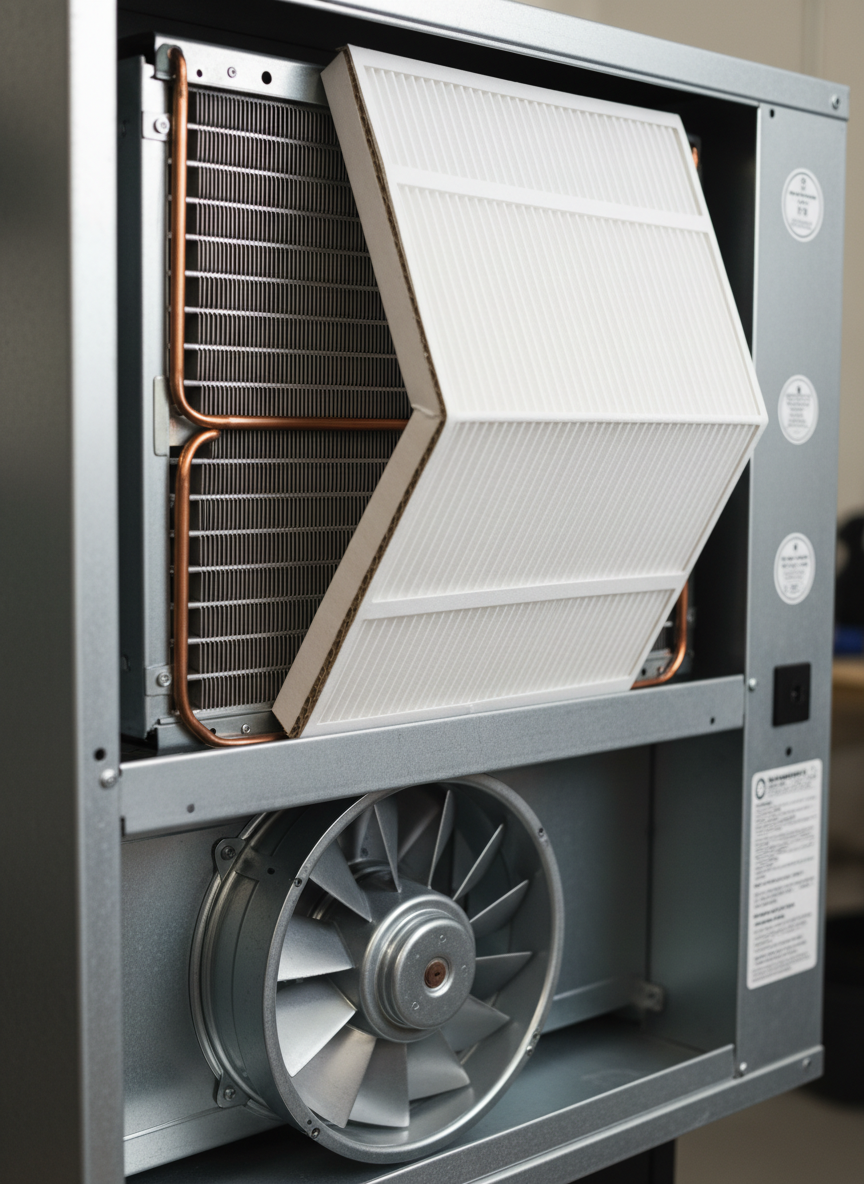 A close-up, photographic realism shot of an HVAC system’s clean evaporator coil and blower assembly inside an open air handler cabinet, with every fin and component spotless. A high-quality pleated air filter, bright white with crisp edges, slides neatly into its slot, emphasizing regular maintenance. The unit’s brushed metal housing and clearly labeled stickers are visible along the edges. Neutral, even workshop lighting provides soft highlights and minimal reflections, keeping the scene clinical and professional. Captured from a slightly low, three-quarter angle with shallow depth of field, the main components are sharply in focus while the cabinet edges softly blur. The atmosphere is meticulous and hygienic, supporting messaging about preventive maintenance plans and indoor air quality.