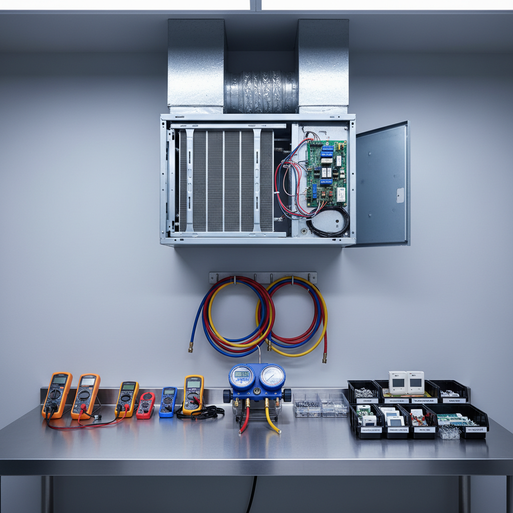 A meticulously organized HVAC technician’s workbench without any person present, featuring neatly arranged diagnostic tools, digital gauges, colored refrigerant hoses, and labeled thermostat components on a clean, brushed metal surface. Behind the bench, an open air handler unit is mounted against a smooth, light gray wall, exposing spotless coils, wiring, and duct connections. Cool, even overhead LED shop lighting casts crisp, professional highlights and minimal shadows, enhancing the sense of order and expertise. Captured in photographic realism at eye level with a moderate depth of field, keeping both the bench and open unit in sharp focus. The atmosphere is confident, technical, and precise, emphasizing expert diagnostics and repair capabilities for residential and commercial HVAC systems.