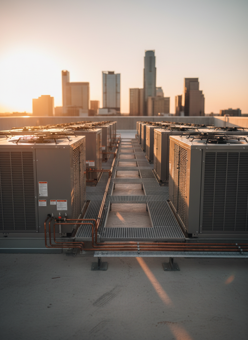 A commercial rooftop view in Austin featuring multiple large, rectangular HVAC package units lined up on a clean, reinforced surface with metal walk pads and clearly routed electrical conduits and refrigerant lines. In the distance, a subtle, out-of-focus skyline hints at the Austin area without recognizable landmarks. Warm, early morning sunlight casts long, defined shadows from the units, accentuating their geometric forms and metallic textures. Photographic realism from a slightly low, wide-angle perspective that emphasizes scale and capacity, with sharp focus on the foreground units and gradual depth falloff. The mood is robust, industrial, and dependable, highlighting commercial HVAC installation and maintenance capabilities for businesses and multi-tenant buildings.